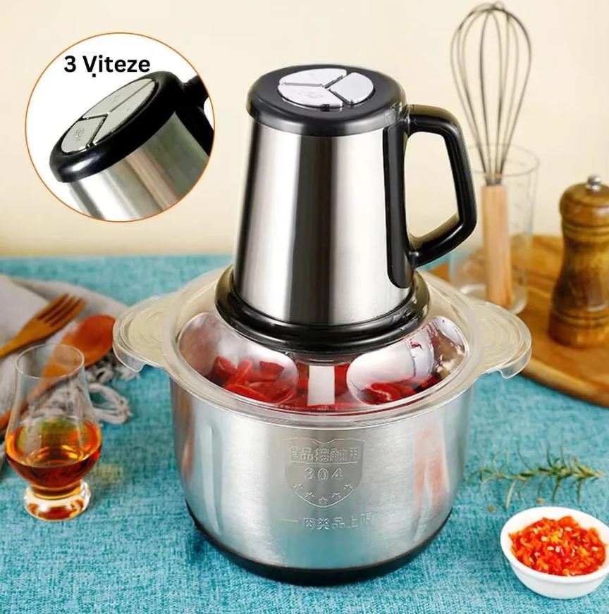 Tocător Electric Profesional 1000W – Bol Inox 5L, 5 Lame Oțel, 3 Trepte Viteză – Carne & Legume