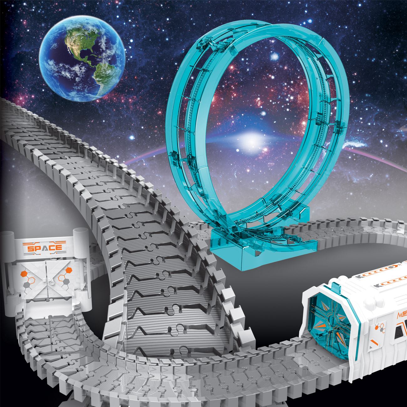 Set Pistă Spațială Flexibilă 109 Piese pentru Copii – Circuit Auto cu Loop 360°, Mașină cu Lumini, Stație Spațială și Astronaut | Jucărie Interactivă DIY