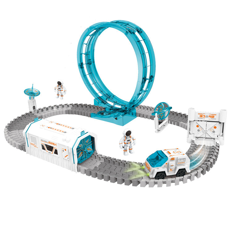 Set Pistă Spațială Flexibilă 109 Piese pentru Copii – Circuit Auto cu Loop 360°, Mașină cu Lumini, Stație Spațială și Astronaut | Jucărie Interactivă DIY