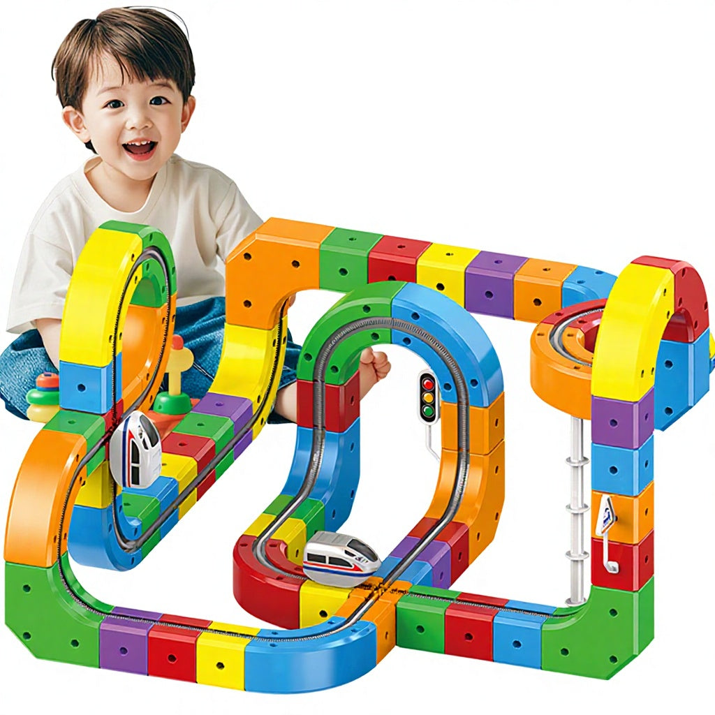 Jucărie Construcție Tren Copii 123 Piese – Pista 3D Modulară Track Cube, Set STEM Creativ cu Cuburi și Trasee, 3+ Ani