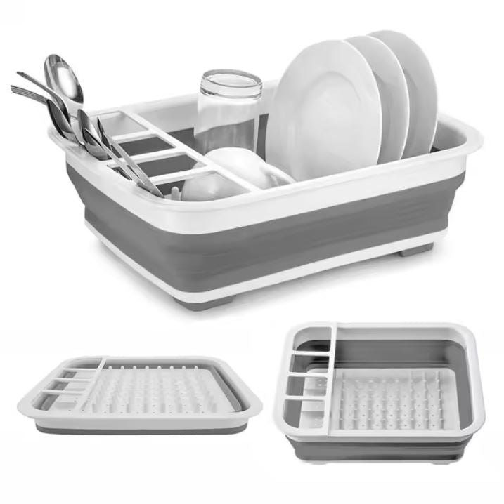 Uscător Pliabil pentru Vase și Tacâmuri cu Picurător – Silicon Premium, Alb/Gri, Compact 36×30.5 cm – Ideal Bucătărie, Camping & Călătorii