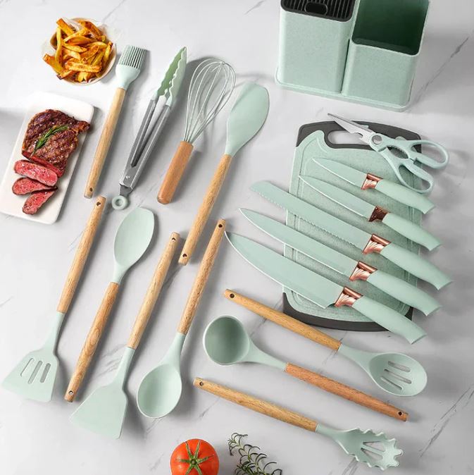 Set ustensile bucătărie 19 piese, silicon alimentar & lemn, termorezistente, antiaderente, cu suport blat