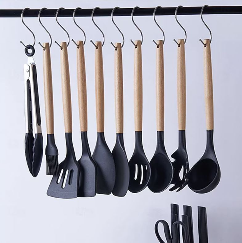 Set ustensile bucătărie 19 piese, silicon alimentar & lemn, termorezistente, antiaderente, cu suport blat