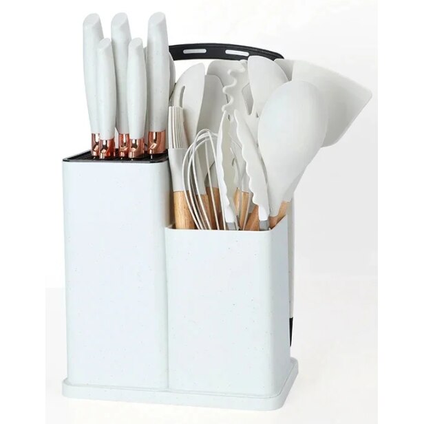 Set ustensile bucătărie 19 piese, silicon alimentar & lemn, termorezistente, antiaderente, cu suport blat