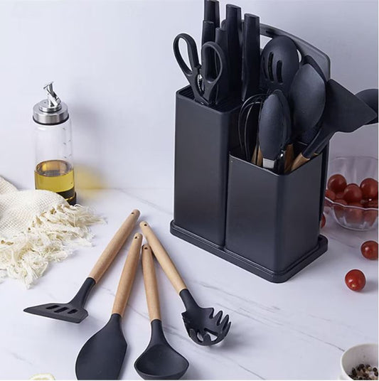 Set ustensile bucătărie 19 piese, silicon alimentar & lemn, termorezistente, antiaderente, cu suport blat