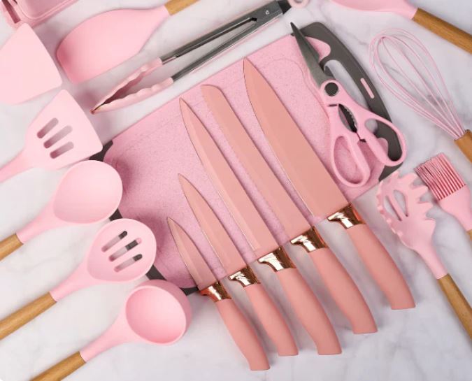 Set ustensile bucătărie 19 piese, silicon alimentar & lemn, termorezistente, antiaderente, cu suport blat