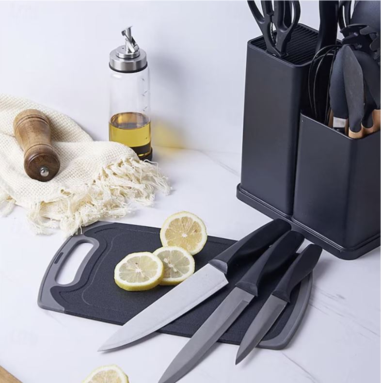 Set ustensile bucătărie 19 piese, silicon alimentar & lemn, termorezistente, antiaderente, cu suport blat