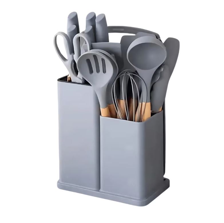 Set ustensile bucătărie 19 piese, silicon alimentar & lemn, termorezistente, antiaderente, cu suport blat