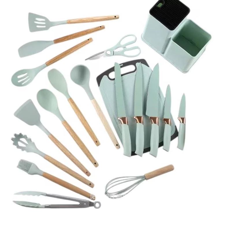 Set ustensile bucătărie 19 piese, silicon alimentar & lemn, termorezistente, antiaderente, cu suport blat