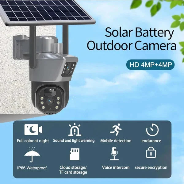 Cameră Supraveghere Visuron 4K cu Panou Solar – Dubla Lentilă, 360°, Zoom 10X + Card 32GB !