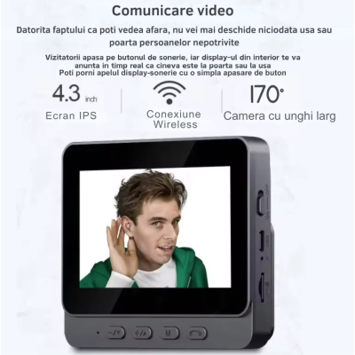 Sonerie Video Inteligentă 8MP cu Night Vision IR – Interfon HD, Detectare Mișcare, Unghi 170°, Bluetooth, Fără Fir, pe Baterii