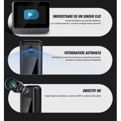 Sonerie Video Inteligentă 8MP cu Night Vision IR – Interfon HD, Detectare Mișcare, Unghi 170°, Bluetooth, Fără Fir, pe Baterii