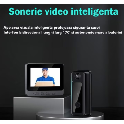 Sonerie Video Inteligentă 8MP cu Night Vision IR – Interfon HD, Detectare Mișcare, Unghi 170°, Bluetooth, Fără Fir, pe Baterii